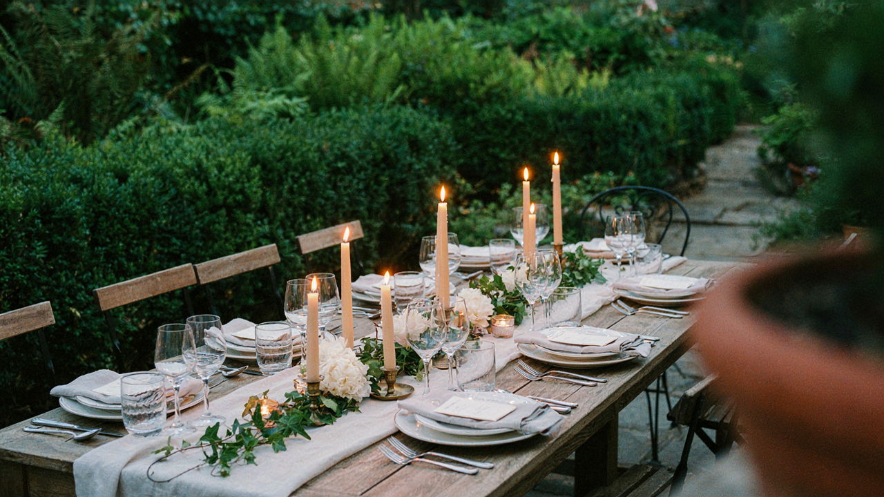 An elegant outdoor dinner table is set with beautifully folded cloth napkins on each plate.