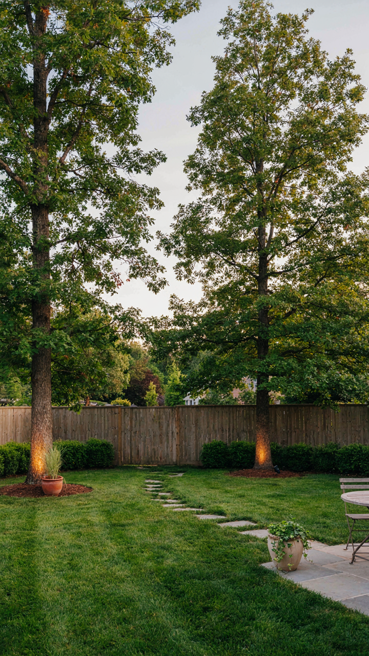 A backyard with subtle uplighting on trees and a few potted plants.