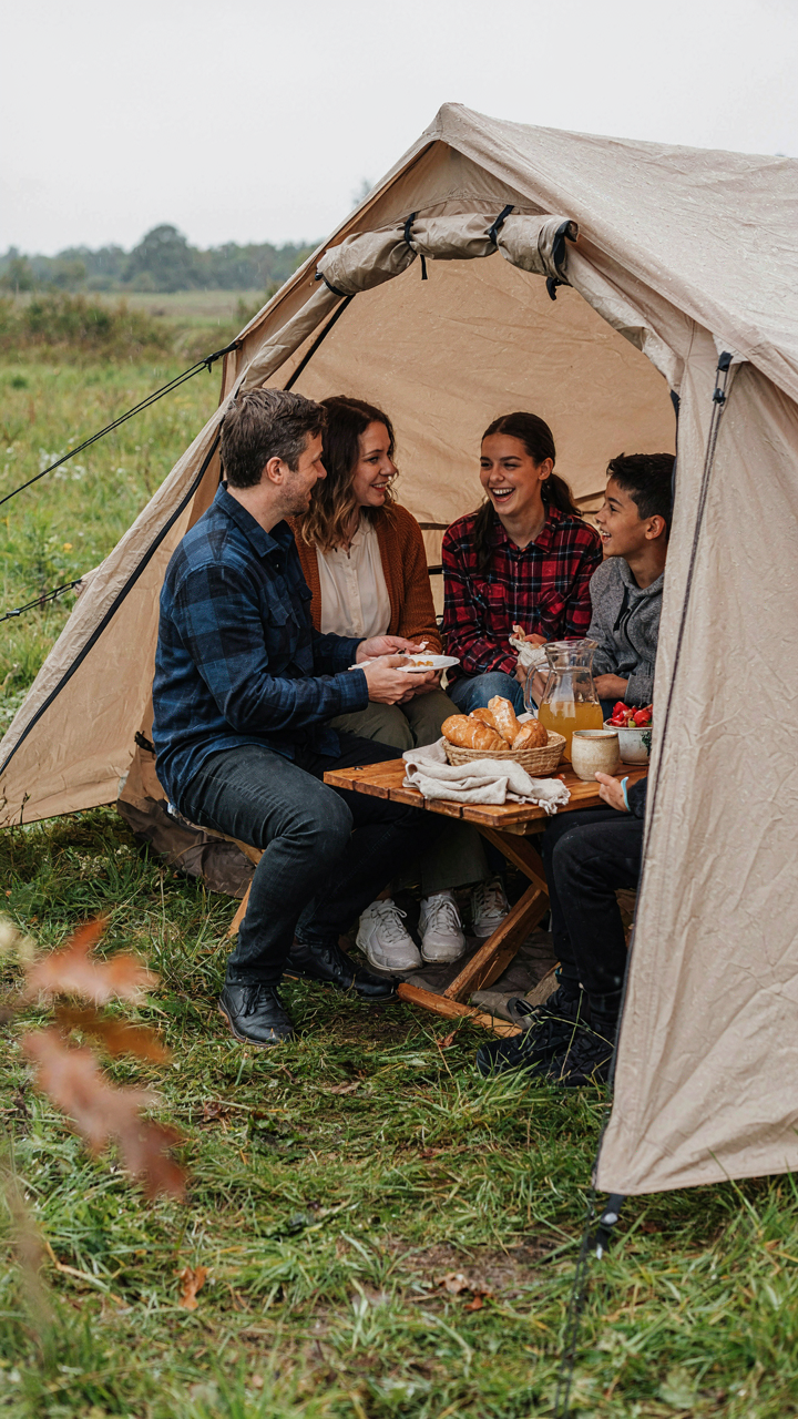 A strong picnic tent keeps people dry and talking during light rain.
