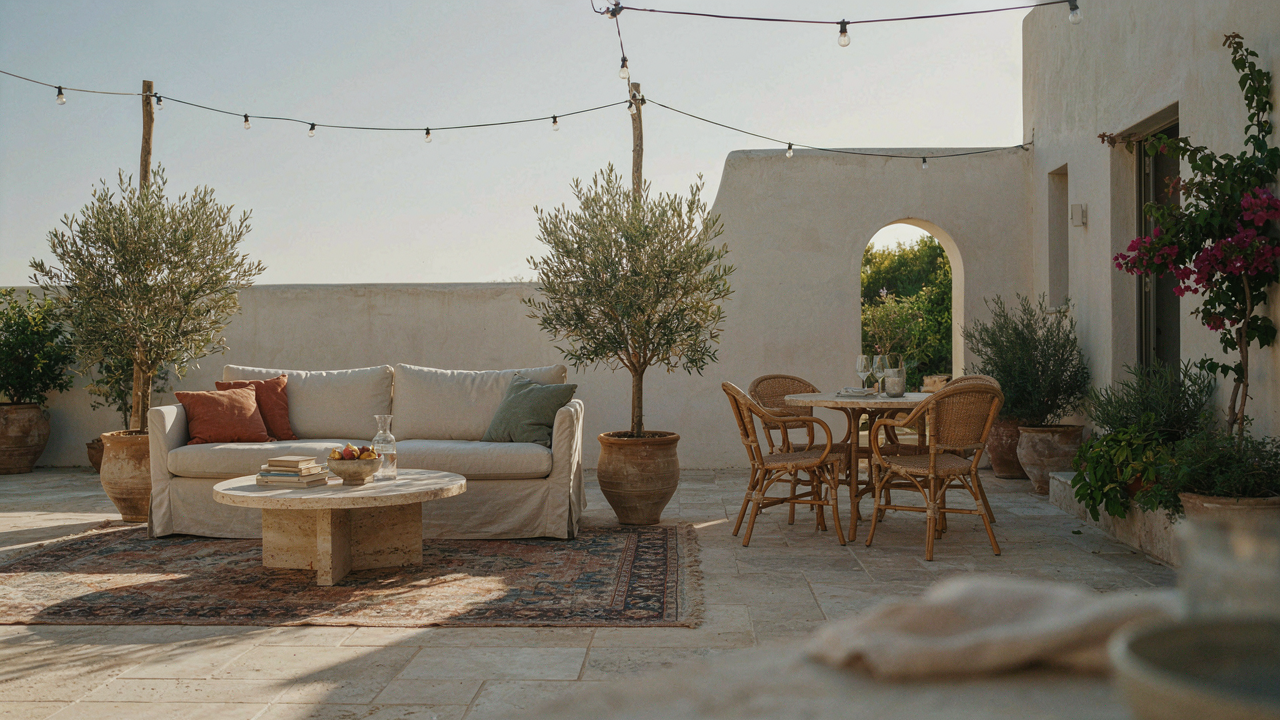 A large, well-decorated outdoor patio with an outdoor rug, furniture, and plants.