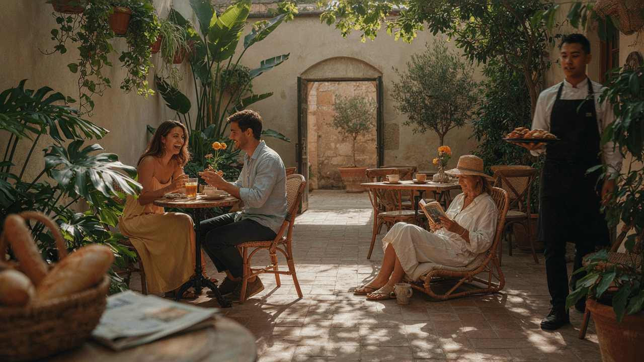 A bustling outdoor cafe patio with many different outdoor seating clusters and happy people.