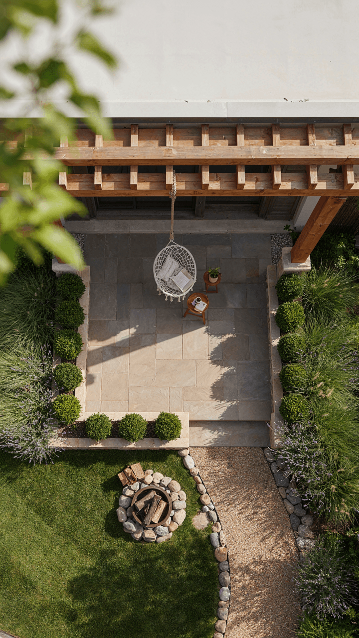 An overhead view of a well-designed patio, highlighting a hanging chair.