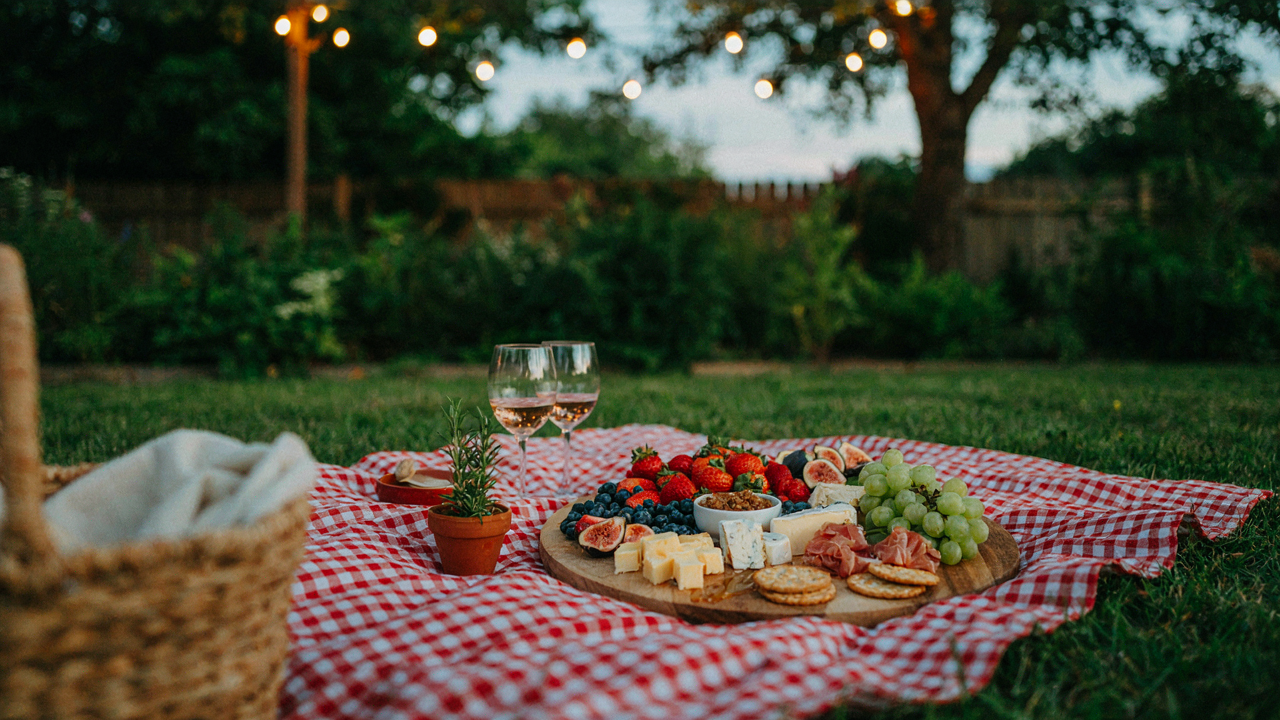A colorful outdoor snack board is ready for a backyard movie night.