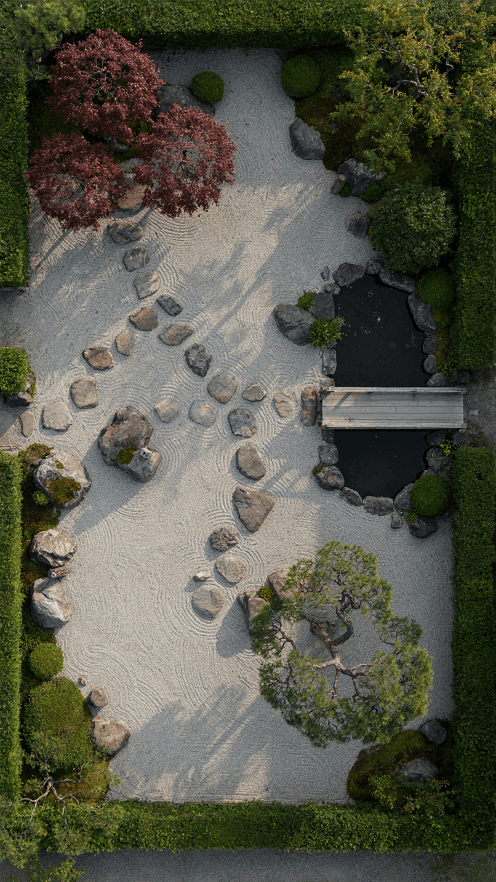 An overhead view of a well-designed Japanese garden with paths and plants.