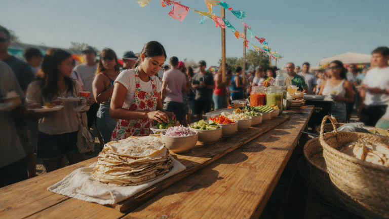 A colorful outdoor taco bar with many fresh toppings and tortillas ready for serving.