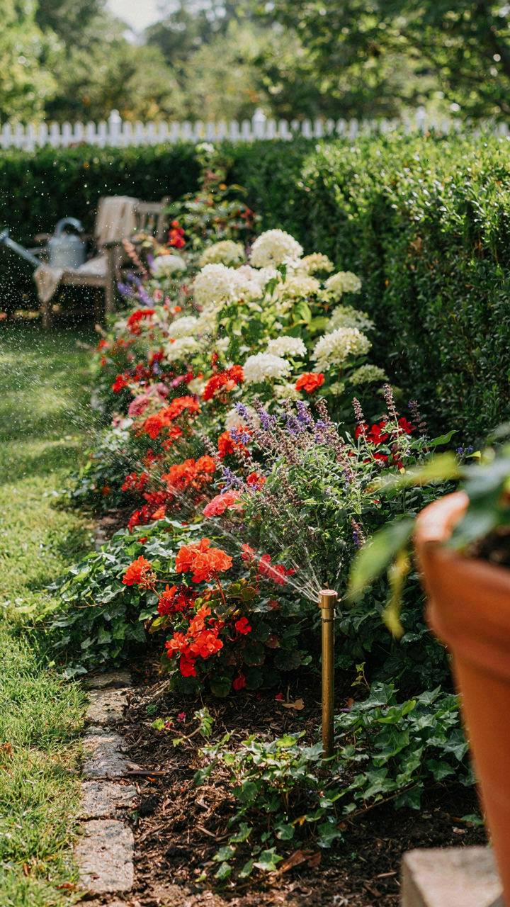 A lush garden has a sprinkler system watering plants.