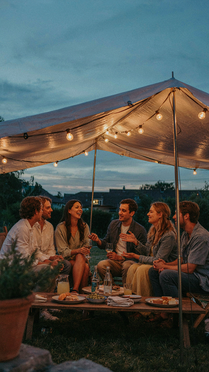 A simple canopy tent at dusk with casually draped string lights.