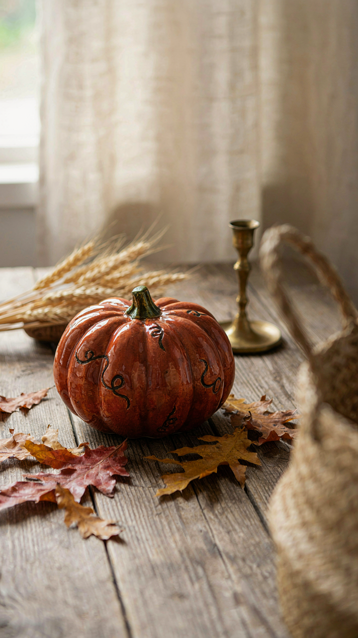 A unique, hand-painted ceramic pumpkin stands out against traditional fall decor.