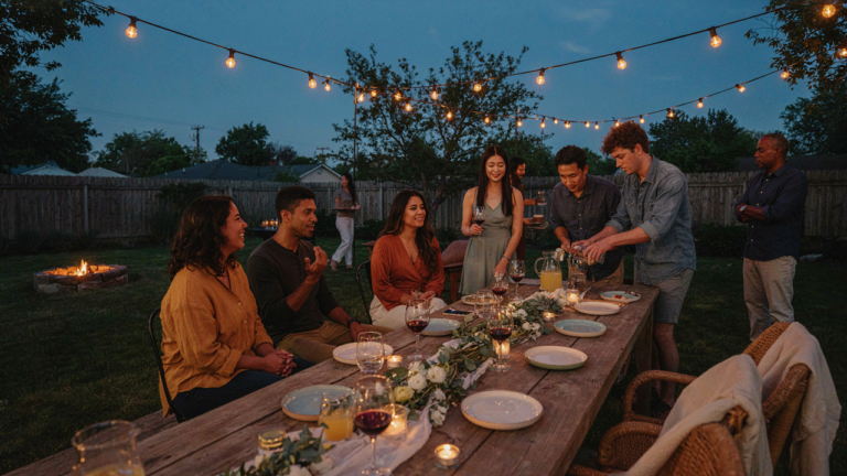 Friends enjoy a safe backyard party with many outdoor torch alternatives at dusk.