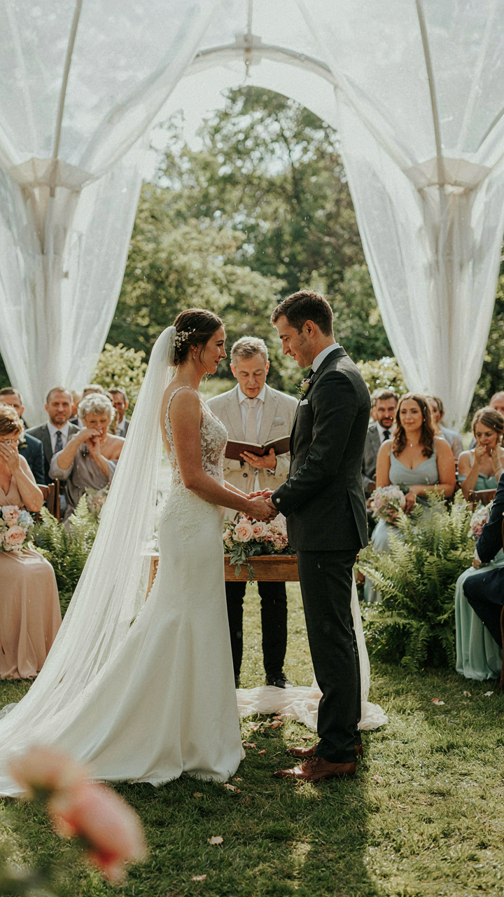 A bride and groom exchange vows under an elegant tent during a gentle rain at an outdoor wedding.