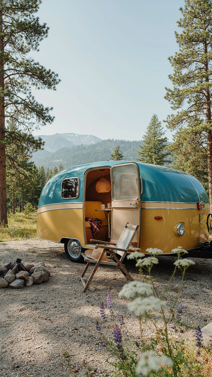 A brightly painted vintage camper with its door open.