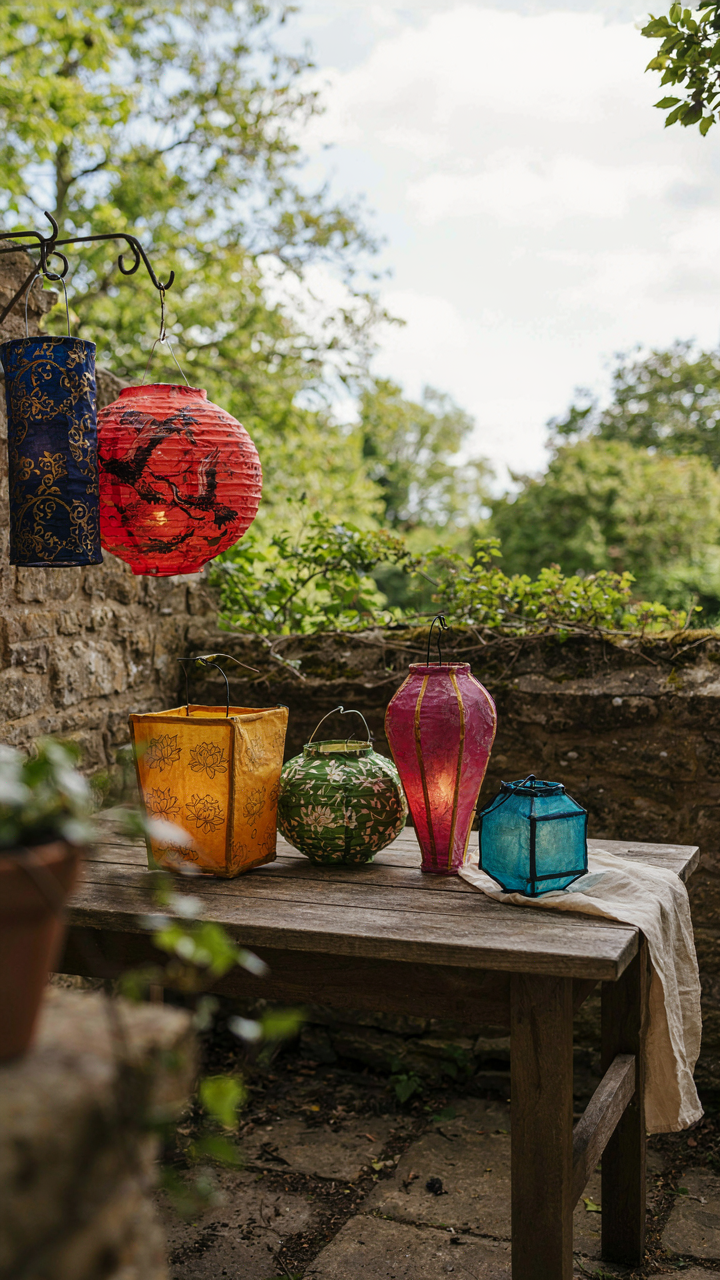 A collection of colorful, hand-painted outdoor lanterns emit different hues.