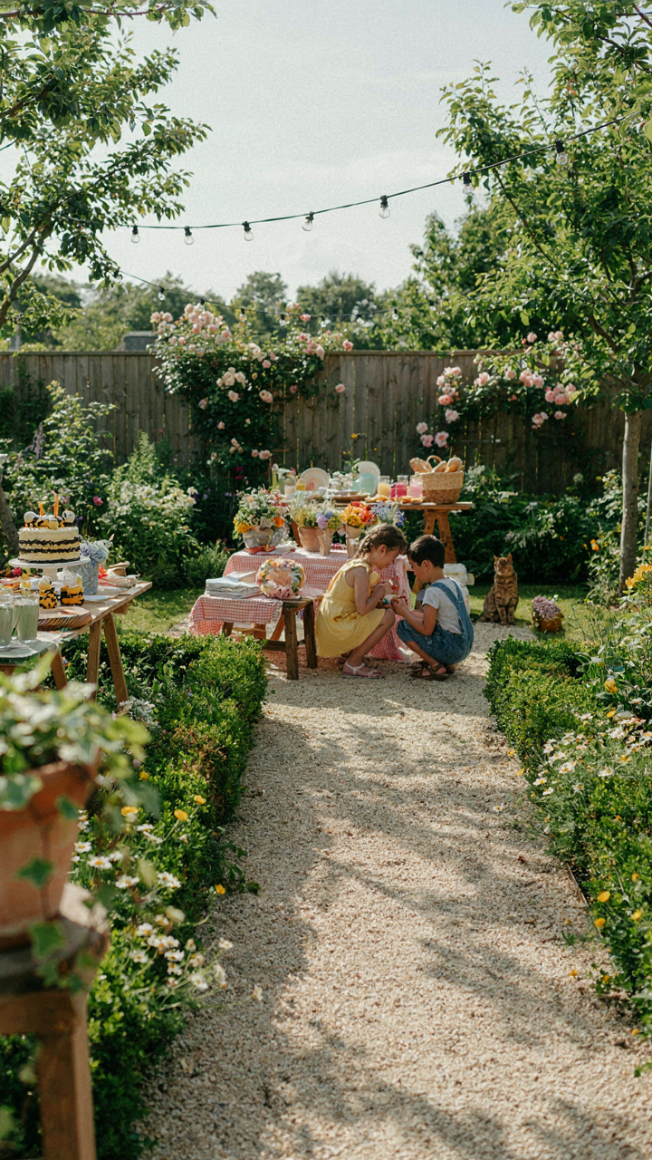 Party guests follow arrows to different activity stations at a garden party.