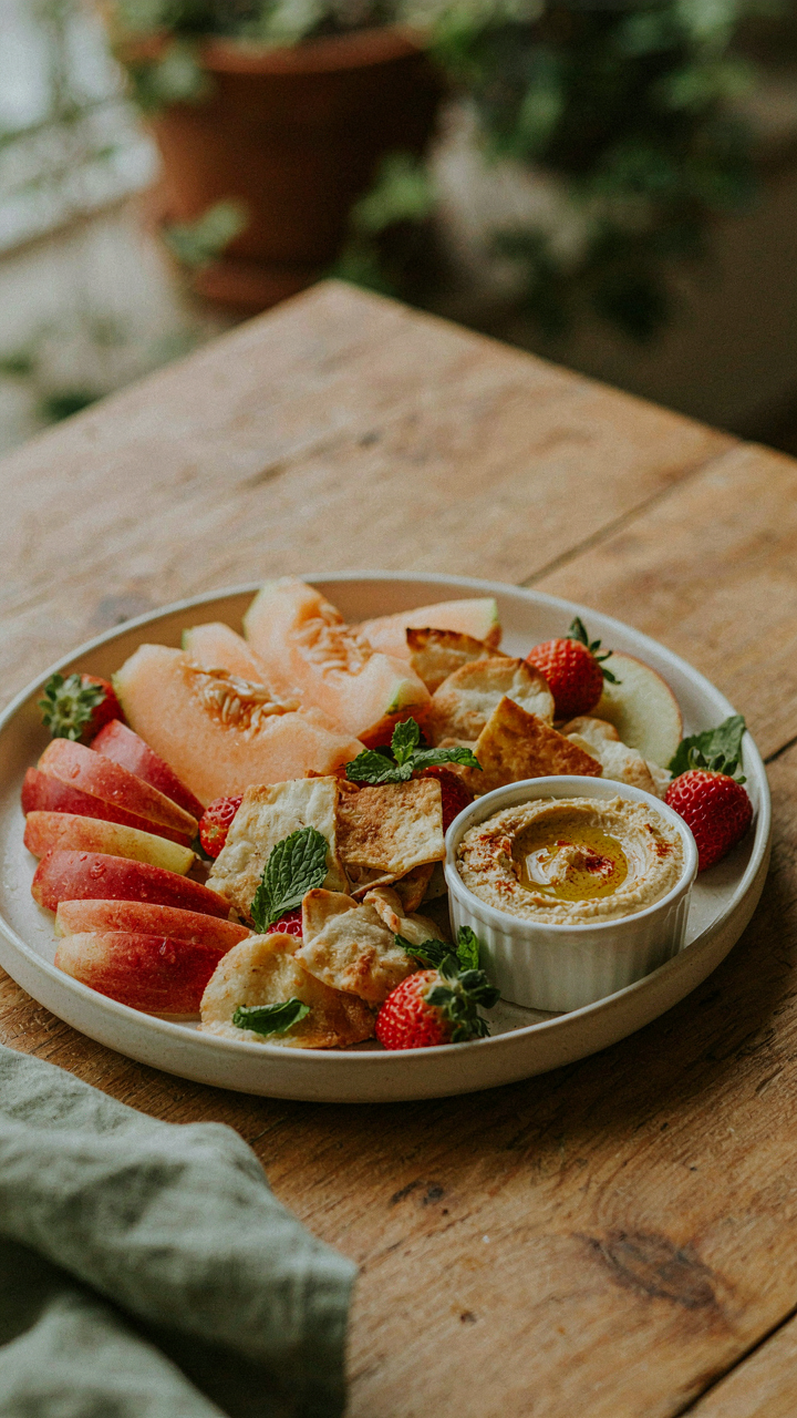 A garden party fruit platter has soft melon, crisp apple, pita chips, and hummus.