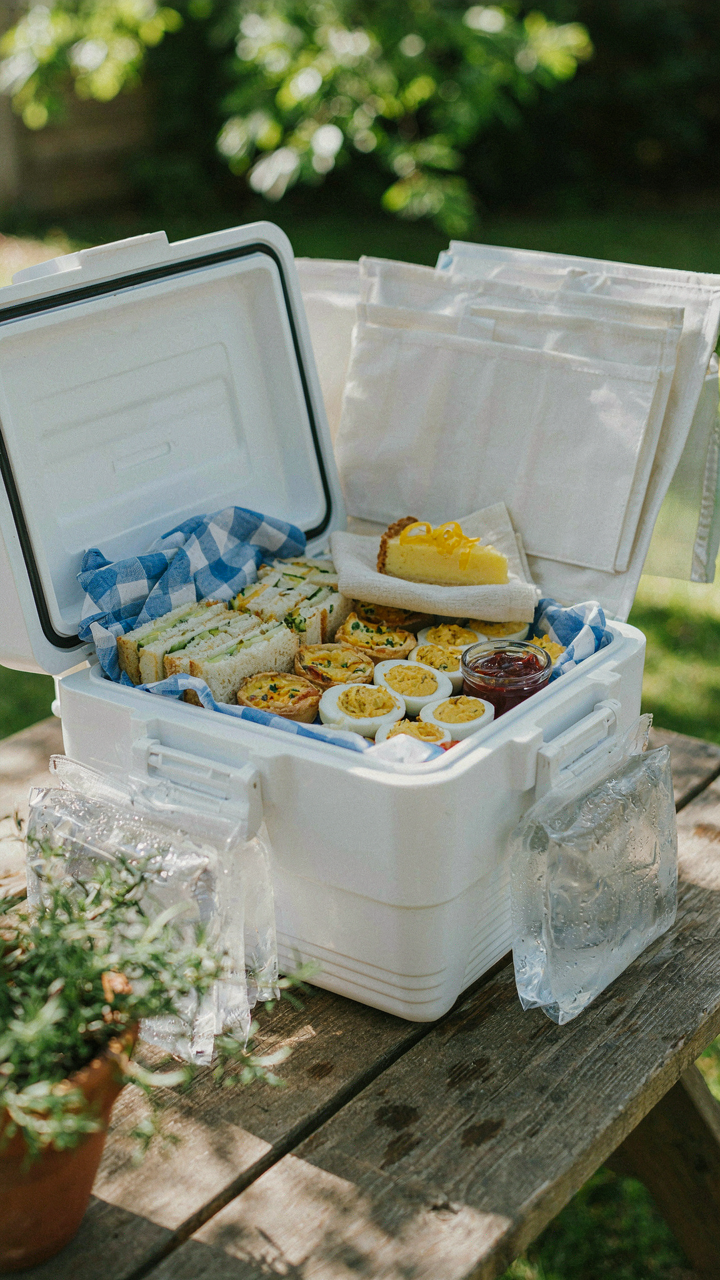An insulated cooler filled with chilled garden party finger food.