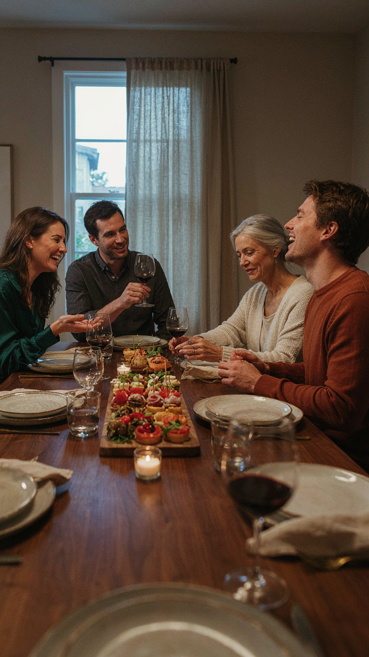 Guests at a party talk around an edible centerpiece of appetizers.