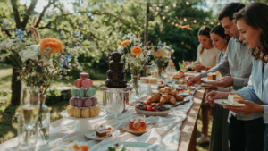 A vibrant party buffet table with both labeled and unlabeled dishes, surrounded by guests.