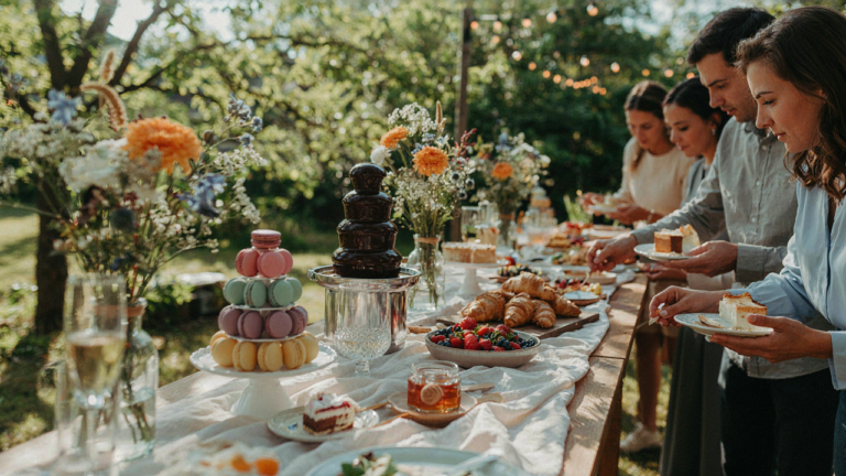 A vibrant party buffet table with both labeled and unlabeled dishes, surrounded by guests.