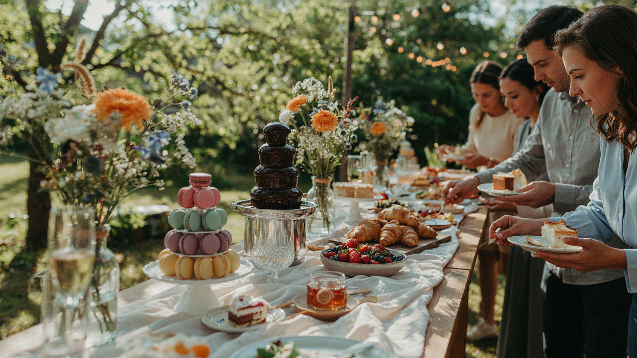 A vibrant party buffet table with both labeled and unlabeled dishes, surrounded by guests.