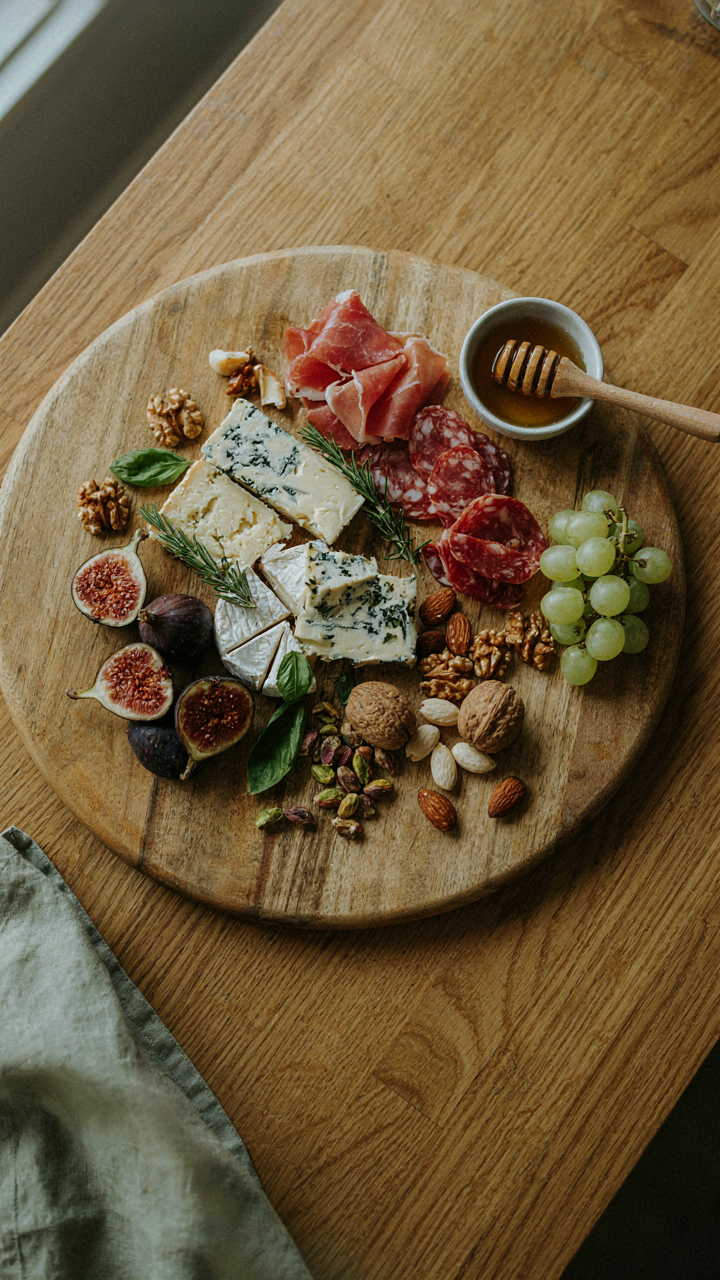 A large charcuterie board overflowing with diverse garden party finger food.