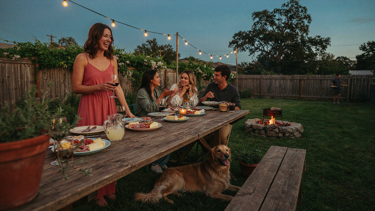 A backyard party with warm, budget-friendly party lighting at dusk.
