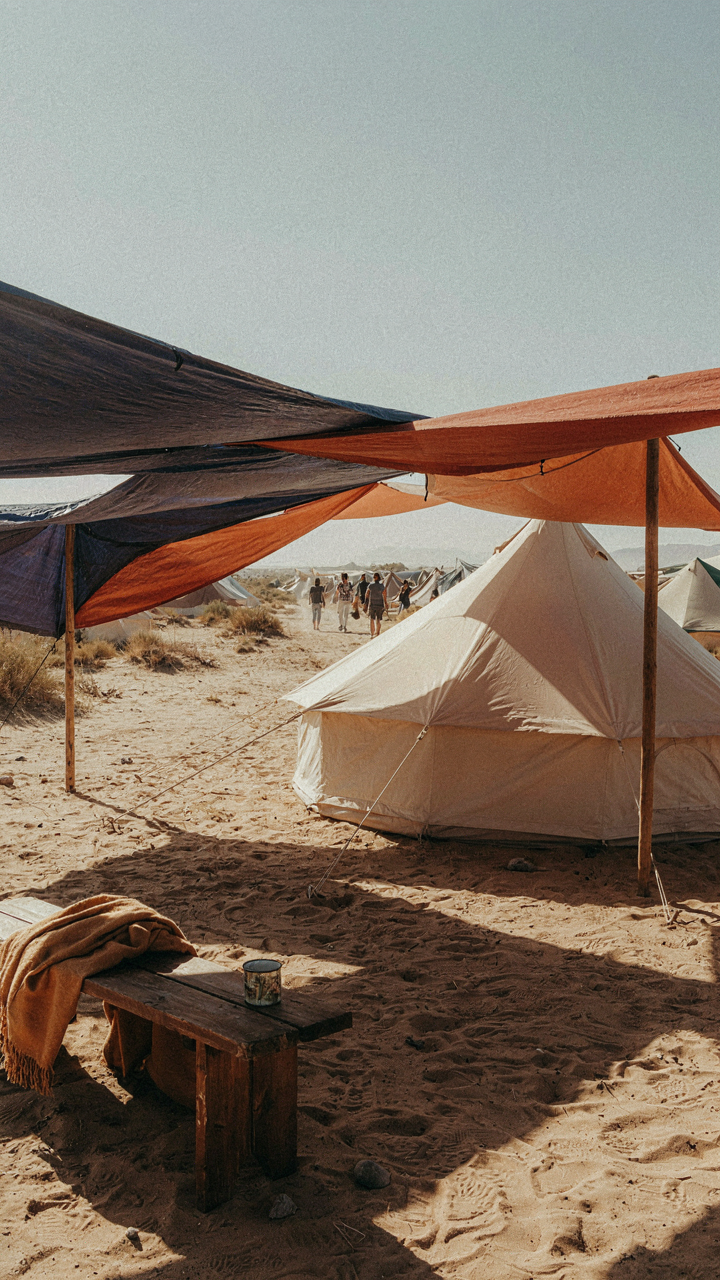 A geometrically shaded tent at a festival, with large tarps creating deep shadow.