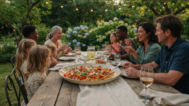 A large bowl of colorful pasta salad for a crowd sits on an outdoor party table.