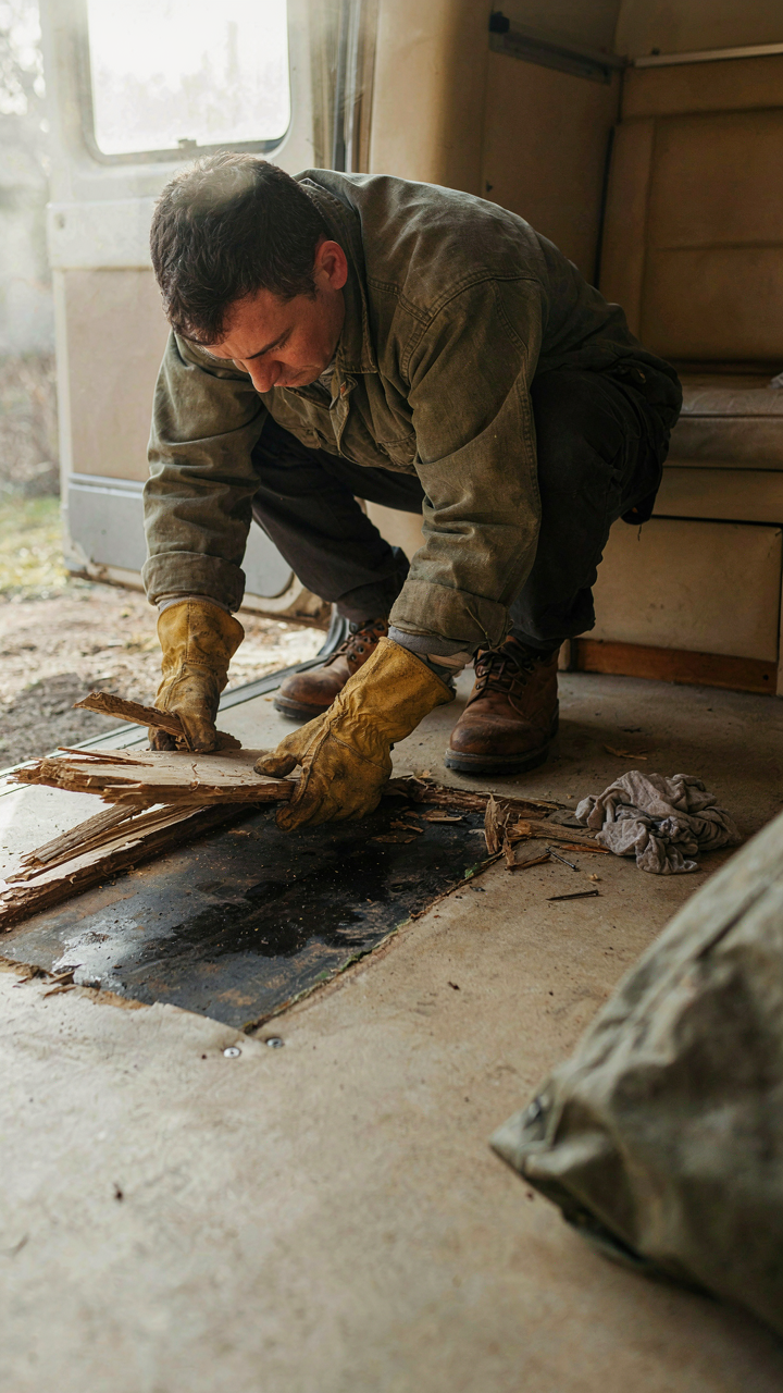 A gloved hand pulls up rotted wood from a camper floor.