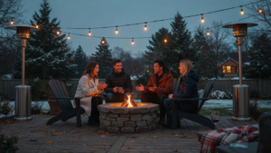 A warm and inviting winter patio party with glowing patio heaters and string lights.