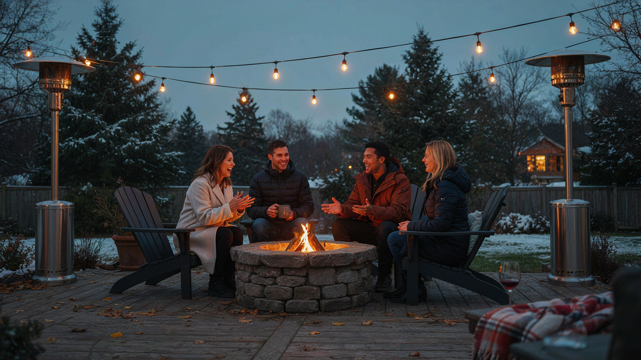 A warm and inviting winter patio party with glowing patio heaters and string lights.