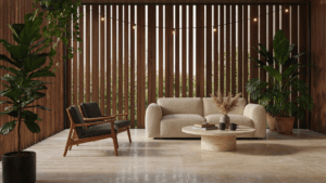 A beautiful patio with privacy screens and plants, creating a cozy outdoor space.