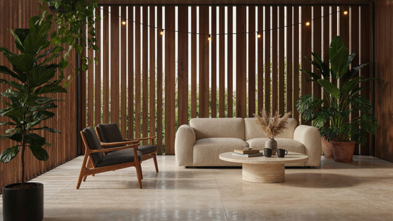 A beautiful patio with privacy screens and plants, creating a cozy outdoor space.