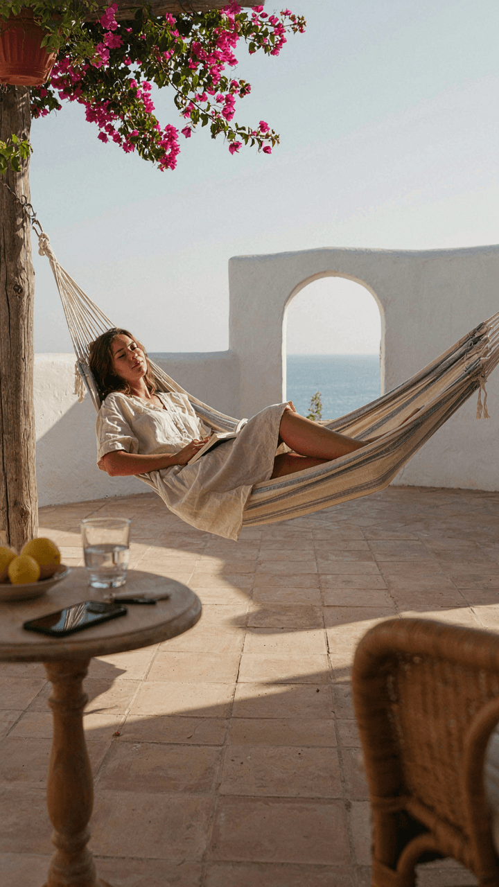 A smartphone is placed face down away from a person relaxing in a patio with hammock.