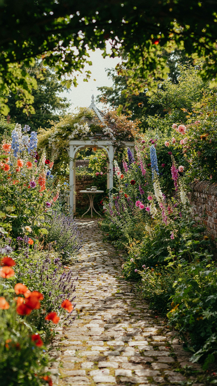 A cobblestone path leads through a lush garden.
