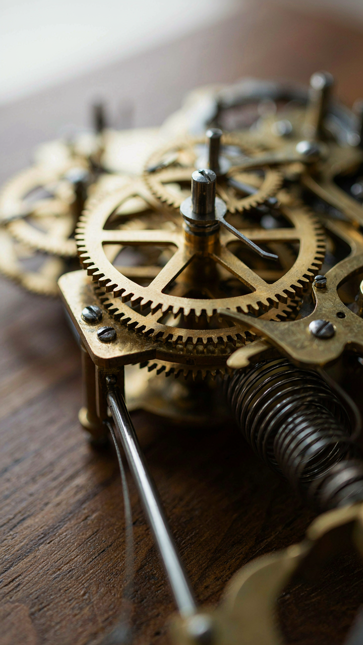 Many gears and springs in a complex clock mechanism are visible.