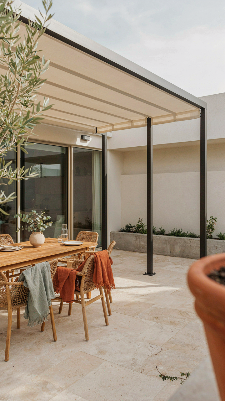 A modern pergola with retractable shade seamlessly attached to a house.