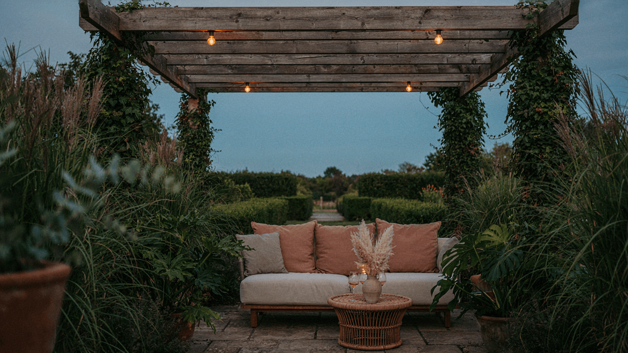 A luxurious pergola seating area glows softly at dusk, surrounded by green plants.