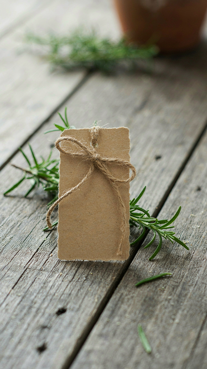 A handwritten name on a kraft paper tag is tied to rosemary on a table.