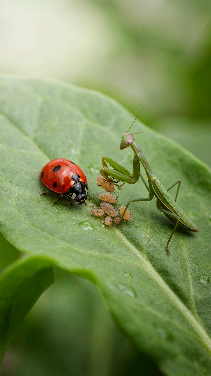 A ladybug and a praying mantis sit on a green plant leaf.