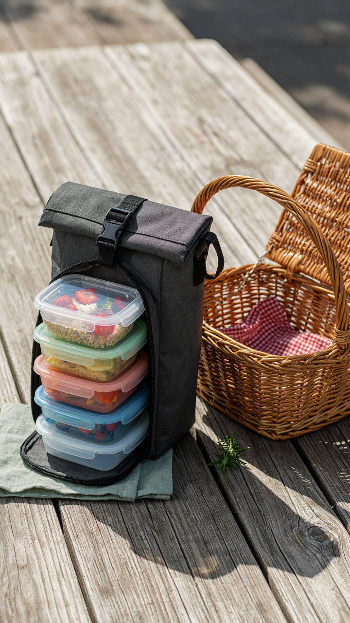 An insulated lunch bag with food sits near an empty traditional picnic basket.