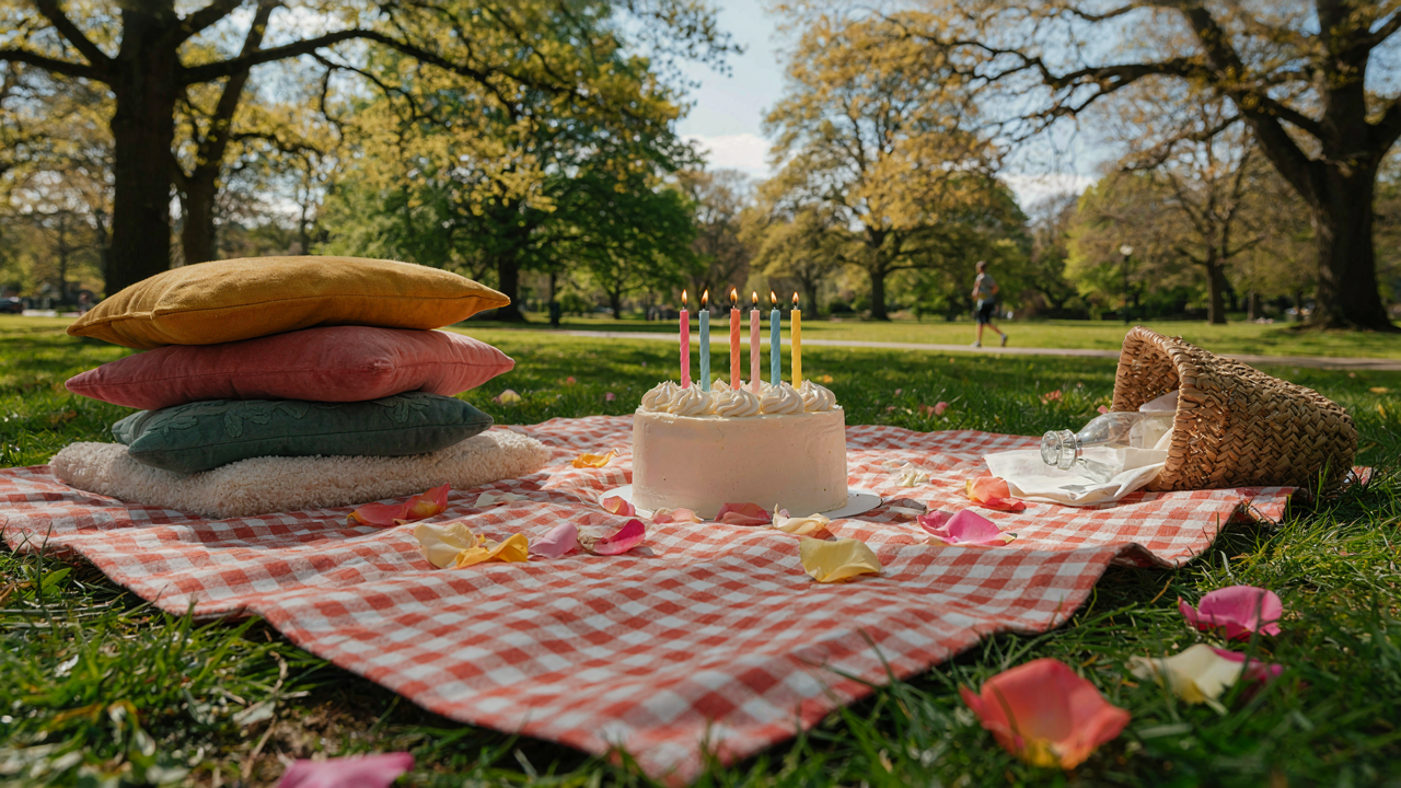 A colorful picnic blanket with a birthday cake and flower petals in a sunny park.