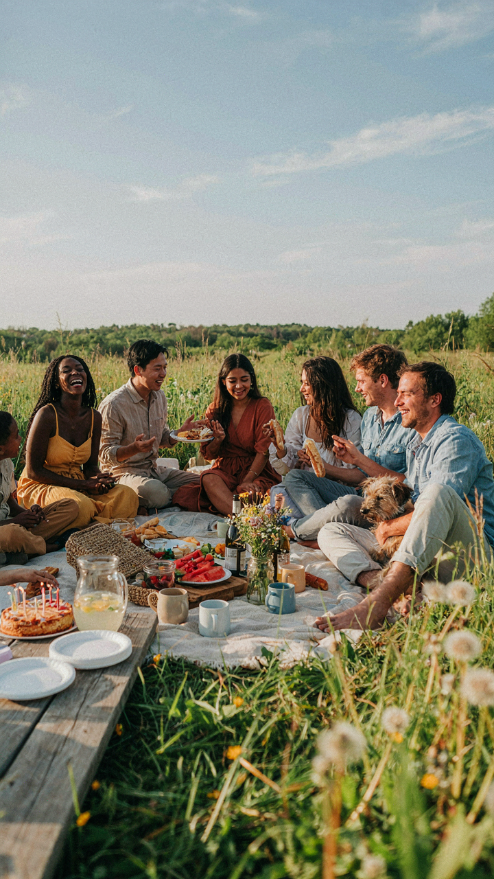 People sit on blankets, eating and laughing together at a picnic birthday party.