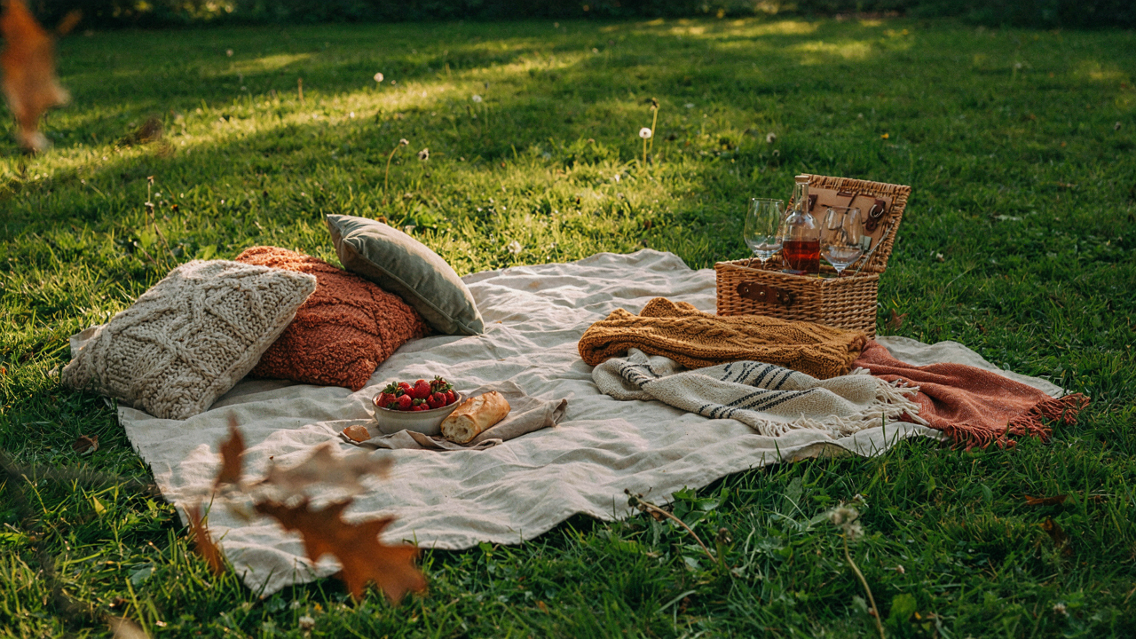 A colorful picnic blanket is spread out with many soft pillows and layered fabrics.