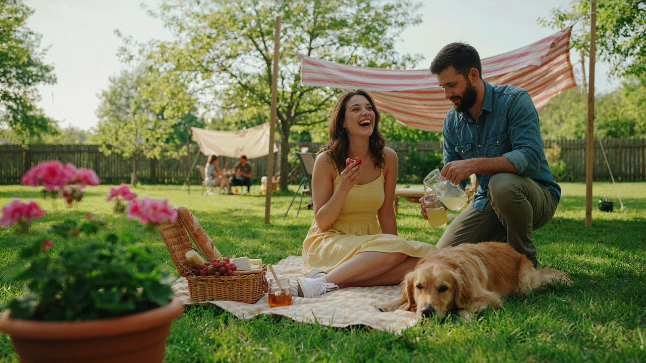 A lively backyard picnic under different types of canopies, with people enjoying food and company.