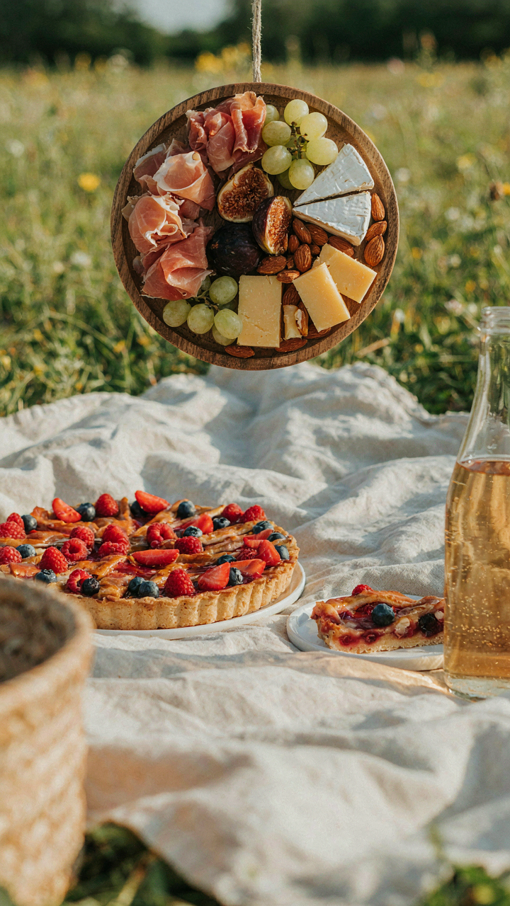 A simple picnic spread shows three well-chosen dishes for a minimalist meal.