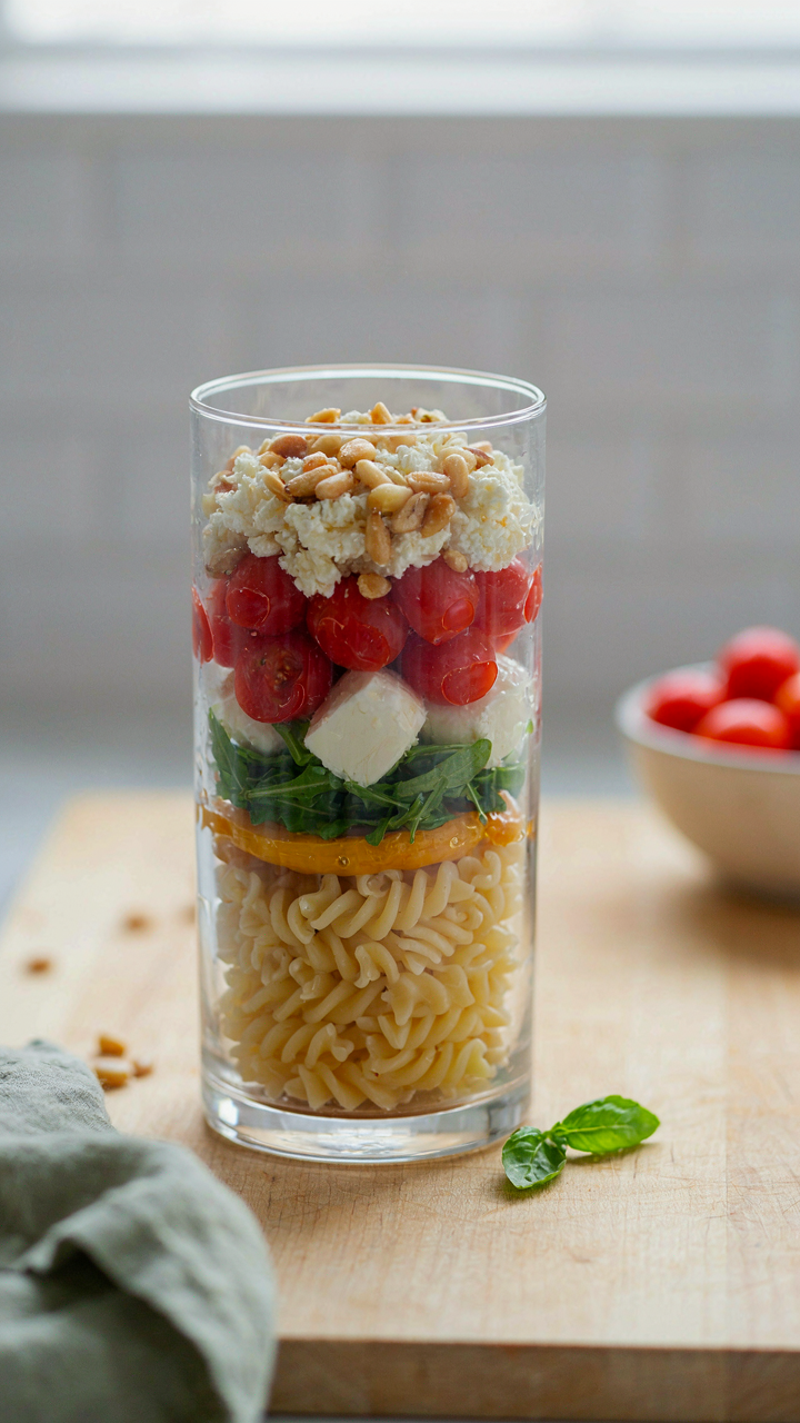 A single large container holds a complete pasta salad, a great picnic main dish idea.