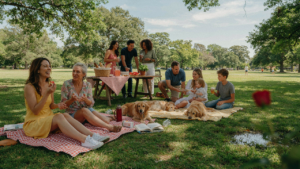 A large, lively picnic party for a crowd in a sunny park, with many people enjoying food and