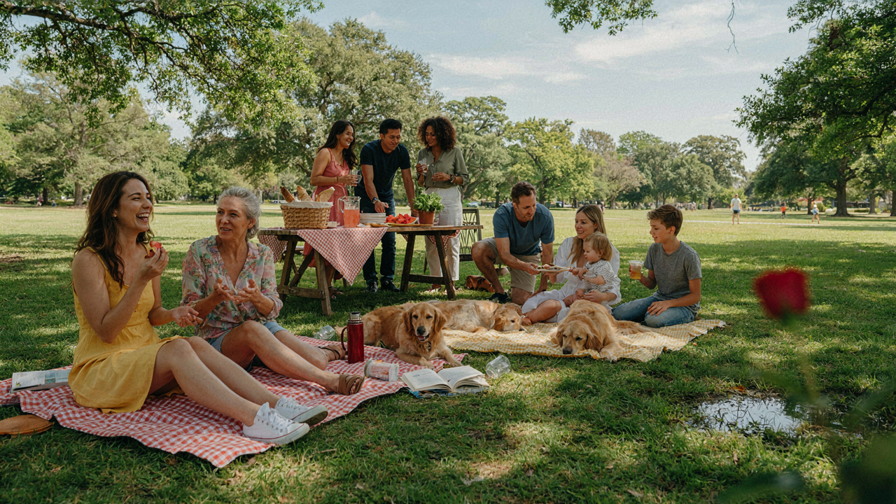 A large, lively picnic party for a crowd in a sunny park, with many people enjoying food and