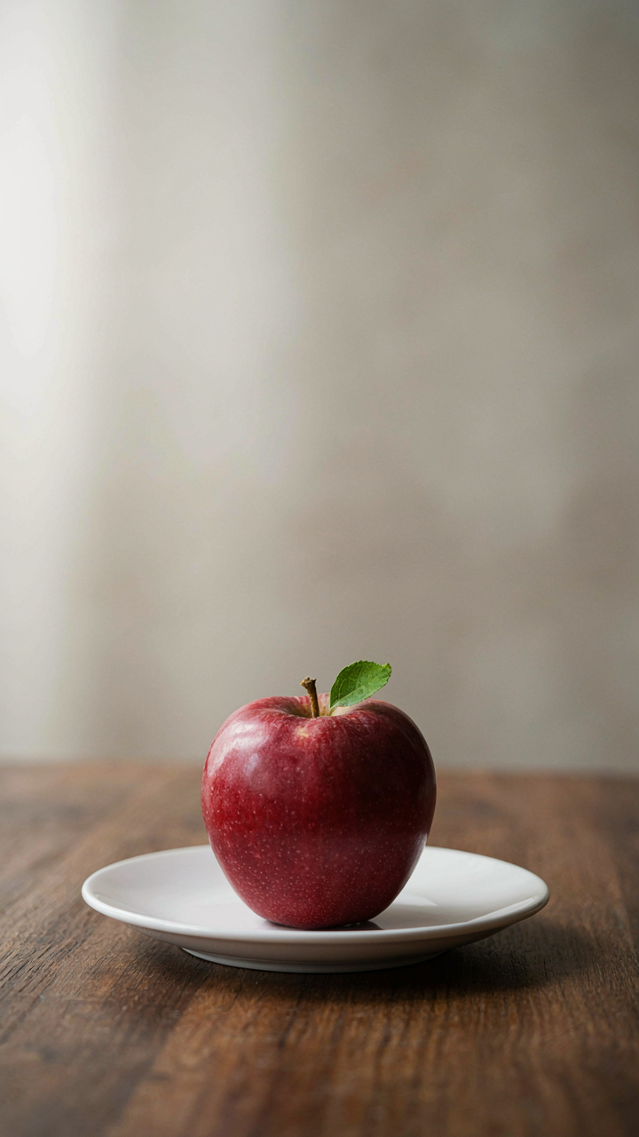 A single red apple sits on a white plate on a dark wooden surface.