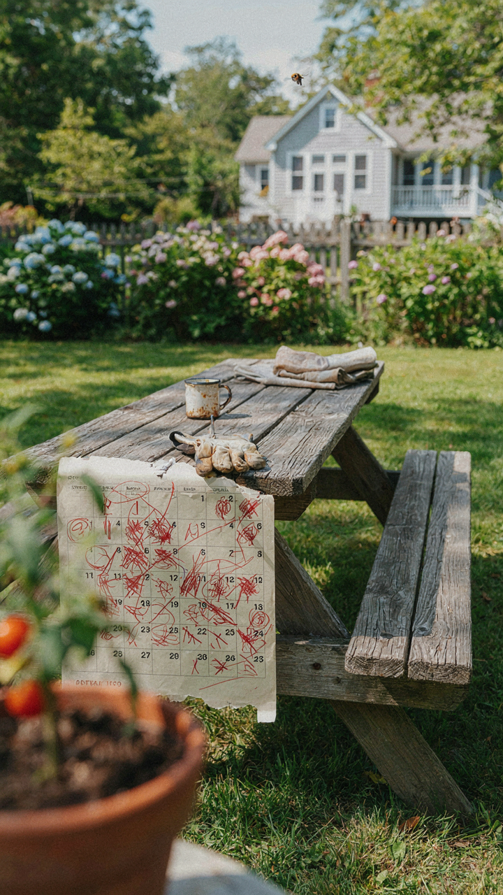 A calendar with many days crossed out next to a half-finished picnic table.
